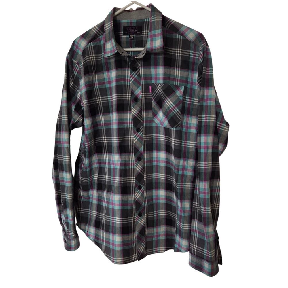 Mishka Mnwka Large Men's Long Sleeve Shirt Pink Blue Plaid One Pocket